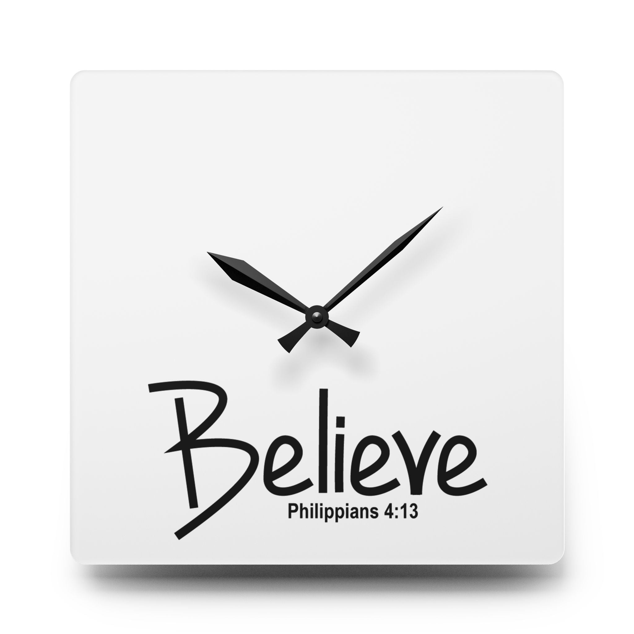 Believe Philippians 4:13 Acrylic Wall Clock — Inspirational Christian Home Decor