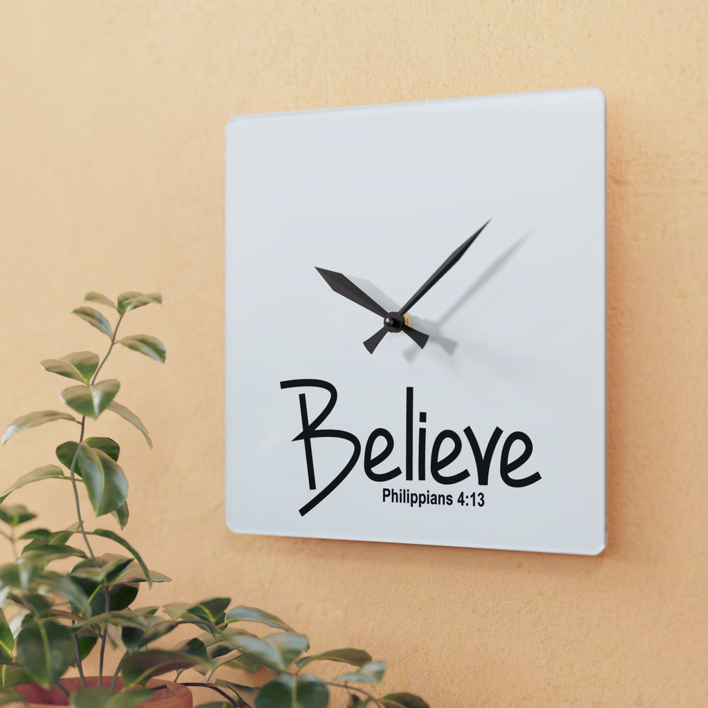 Believe Philippians 4:13 Acrylic Wall Clock — Inspirational Christian Home Decor