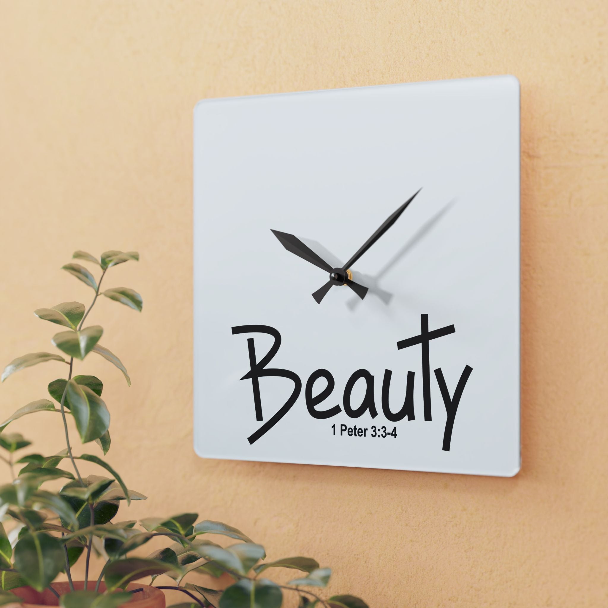 Beauty Wall Clock — Inspirational Acrylic Clock with "Beauty" & 1 Peter 3:3-4