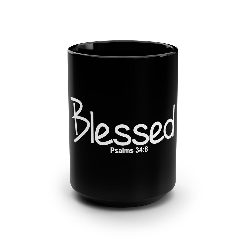Blessed Psalms 34:8 Black 15oz Mug — Inspirational Scripture Coffee Cup
