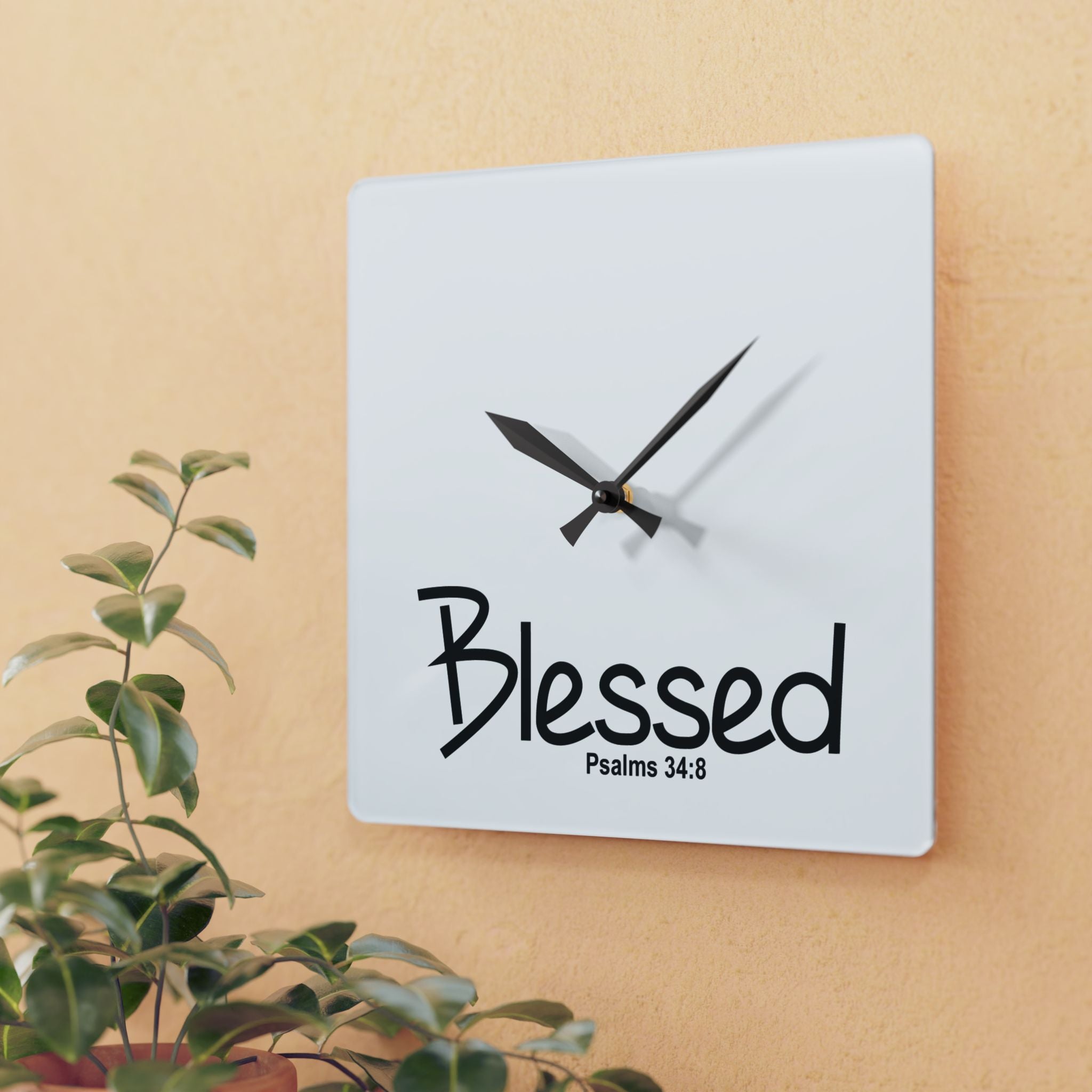 Blessed Psalms 34:8 Acrylic Wall Clock — Minimal Christian Home Decor