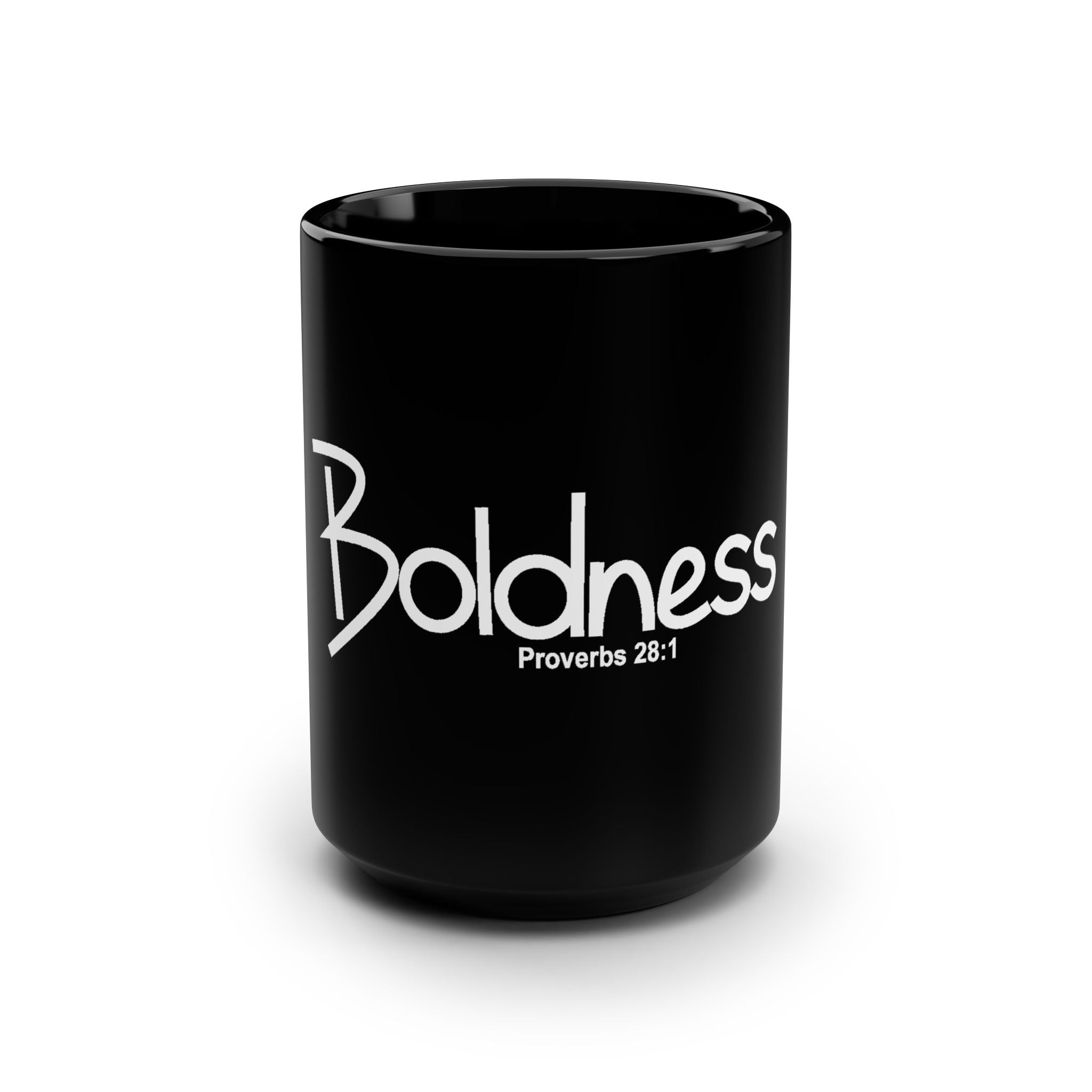 Boldness Proverbs 28:1 Black 15oz Mug — Faith-Inspired Coffee Cup