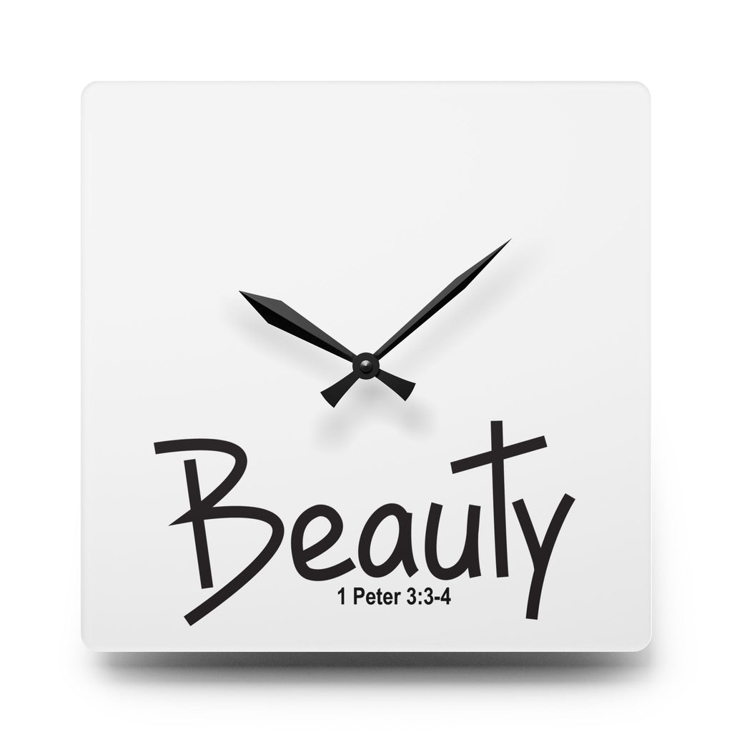 Beauty Wall Clock — Inspirational Acrylic Clock with "Beauty" & 1 Peter 3:3-4